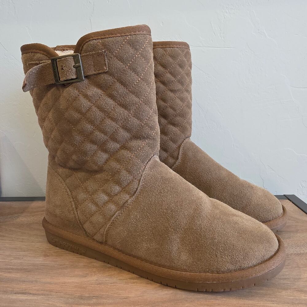 Bearpaw Boots Womens 10 Brown Suede Quilted Sheepskin Wool Lined Mid Calf